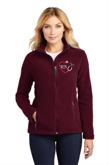 Custom Fleece Jacket with Heart Monogram & RN - Personalized Lightweight Layer.